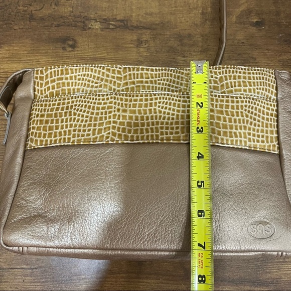 Vtg SAS Metallic Bronze Brown LEATHER CROSSBODY Handbag w/ Croc Trim Casual EUC - Picture 13 of 16